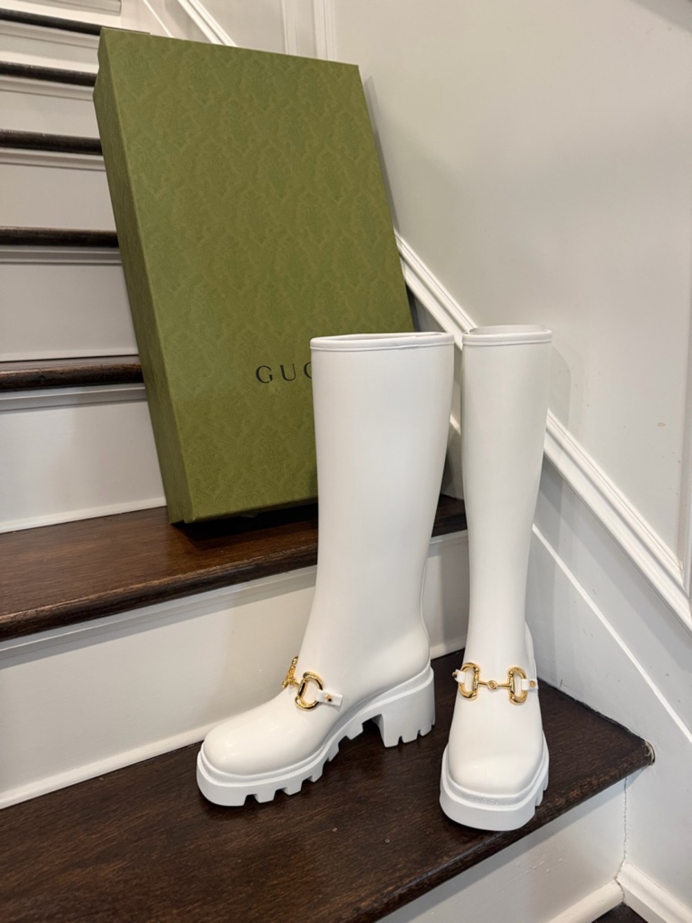 Gucci White Rubber Rain Boots with Gold Horsebit
